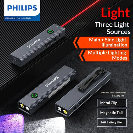 Philips New Flashlight 600LM Supports 3 Type Dimming UV light, Red Laser, 365nm Purple Light, COB,Magnetic Function with a Clip