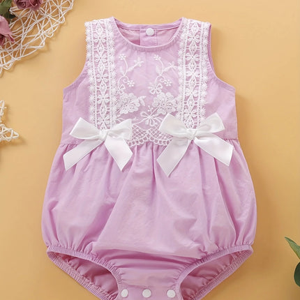 Summer Princess Style Baby Girl Romper Lace Trim No-Sleeve Embroidery Double Butterfly Knot Decor Crawling Clothes