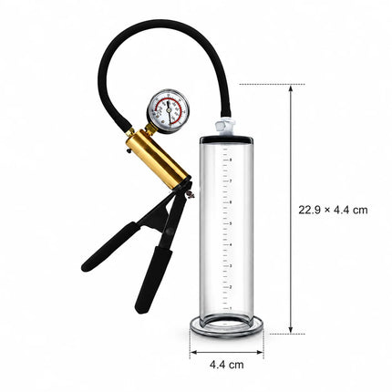 Male Acrylic Cylinder Vacuum Pump Sex Toy with Black Hose Metal Gauge Hand Pump and Man Masturbation Accessories