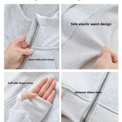 Slim Fit Pure Color Cotton Hoodie Jaet Women's Spring Autumn Zipper Cardigan Waist Cinching Sweatirt Korean Sle Top