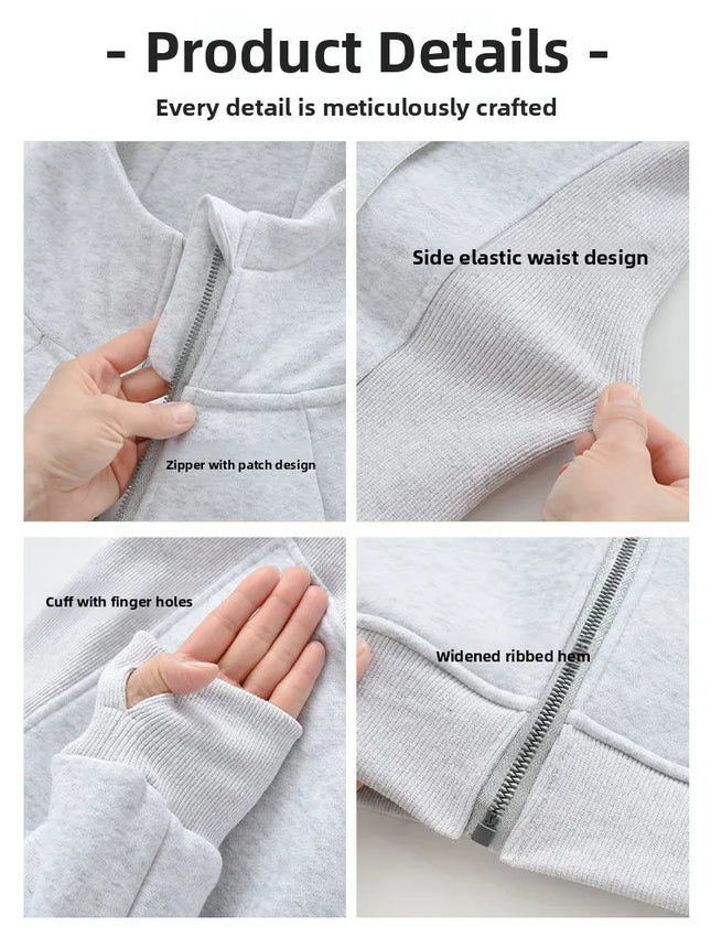Slim Fit Pure Color Cotton Hoodie Jaet Women's Spring Autumn Zipper Cardigan Waist Cinching Sweatirt Korean Sle Top