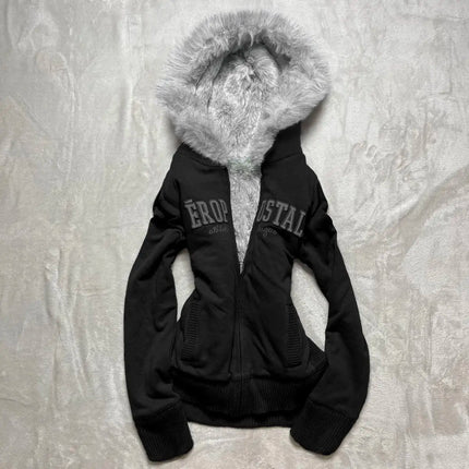 Women Sexy Slim Clothes Kawaii Letter Graphic Print Tops Jacket Harajuku Gothic Y2K Retro Fur Collar Zipper  Hoodie Sweatshirts