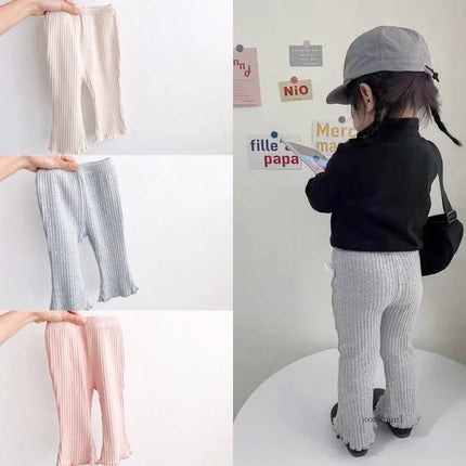 2025 Solid Girl Casual Flared Trousers Stretch Ribbed Wooden Hem Casual Trousers Girls Baby Spring Versatile Cotton Leggings