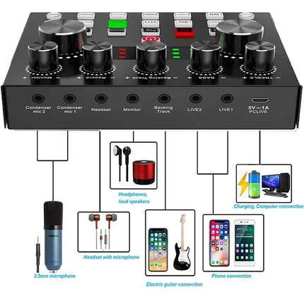 Live Sound Card V8S Audio USB External Sound Card Bluetooth Microphone Mixer Voice Changer Live Streaming Audio Sound Mixer