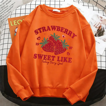 Strawberry Fashion Womens Solid Hoodies Basic Warm Fleece Sweatshirt Soft Breathable O-Neck Pullover Casual Female Clothes