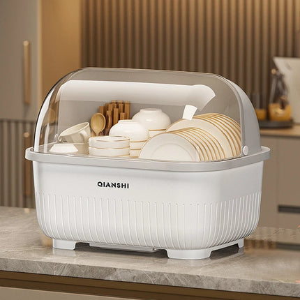 Dish Rack with Protective Cover - Space-Saving, Dust-Proof Kitchen Storage Cabinet with Chopstick Holder, Multifunctional Utensil Organizer with Drainage Board, Drainage Function, Suitable for Countertops and Cabinets, Dish R