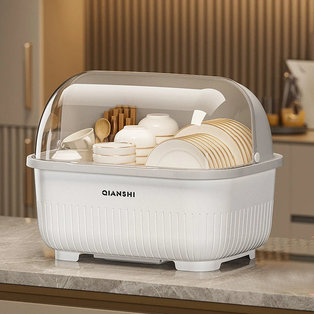 Dish Rack with Protective Cover - Space-Saving, Dust-Proof Kitchen Storage Cabinet with Chopstick Holder, Multifunctional Utensil Organizer with Drainage Board, Drainage Function, Suitable for Countertops and Cabinets, Dish R
