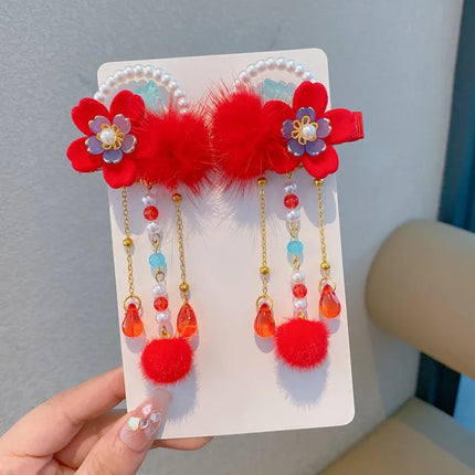 New Year Chinese-Style Hair Accessories Collection,Butterfly/Flower/Fan Designs with Fur Balls,Festive Clips for New Year Outfit
