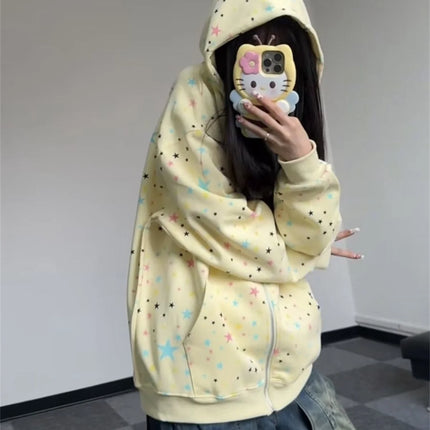 2025 Spring And Autumn New Plus Size Thin Full Stars Print Hooded Coat Collection Casual Fashion Trends Versatile Lazy Wind