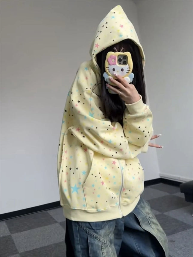 2025 Spring And Autumn New Plus Size Thin Full Stars Print Hooded Coat Collection Casual Fashion Trends Versatile Lazy Wind