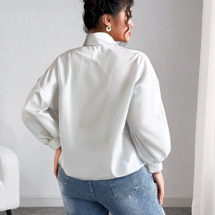 Large Size Ladies Pure Color Shirt with Butterfly Knot Collar Simple Daily Match Sunscreen Long Sleeve Shirt