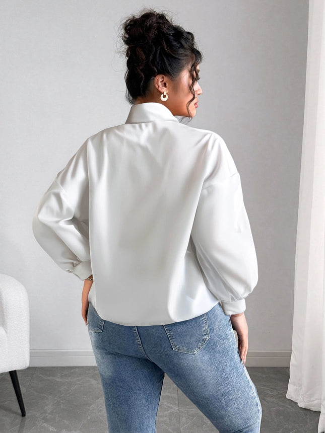 Large Size Ladies Pure Color Shirt with Butterfly Knot Collar Simple Daily Match Sunscreen Long Sleeve Shirt