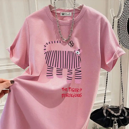 Summer New Fun Tiger Cartoon Print T-shirts Women Clothing Fashion All-match Pure Cotton Short Sleeve Top Tee Y2k Loose Pullover