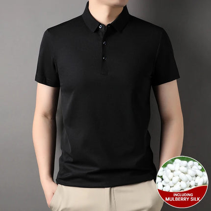 Top Grade 4.7% Mulberry Silk New Summer Brand Luxury Brand Polo Men Shirt Short Sleeve Plain Casual Tops Fashions Men Clothes