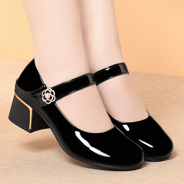 Women's Leather Shoes New Style Dancing Shoes Leongyue Mother Shoes Soft Sole Thick Heel Women's Shoes One-Button Single Shoes
