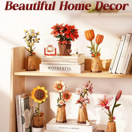 Rolife Artificial Flower Wooden 3D Puzzle Poinsettia DIY Model Building Kit for Home Decor Mother's Day Valentine's Day Gifts