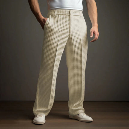 Mens Waffle Trousers Cotton Blend Business Casual Pants Autumn Fashion Commuting Solid Color Straight Pants Men'S Clothing 2024