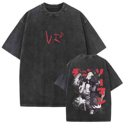 Washed Vintage Anime Chainsaw Man Makima Merch T-shirt Men Women Manga Casual Oversized T Shirts Male Retro 100% Cotton T-shirts