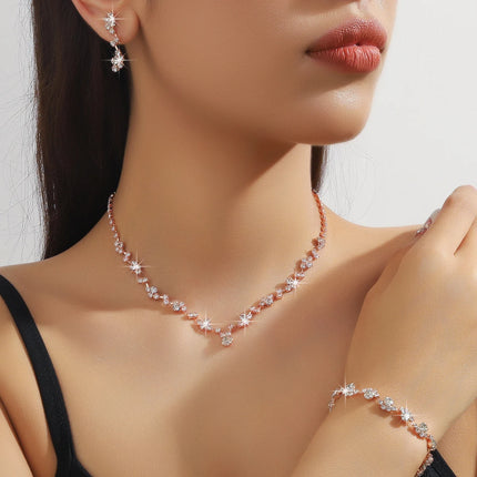 2025 Trendy Rose Gold Star Jewelry Set 3pcs (Necklace Bracelet Earrings) Sparkle Crystal Choker for Women Party Daily Outfits