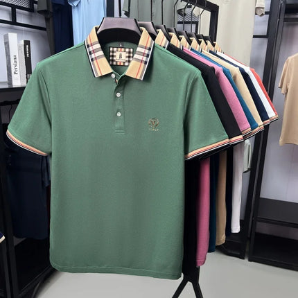 High quality silky cotton short sleeve polo shirt men's luxury brand letter embroidery striped lapel summer breathable T-shirt