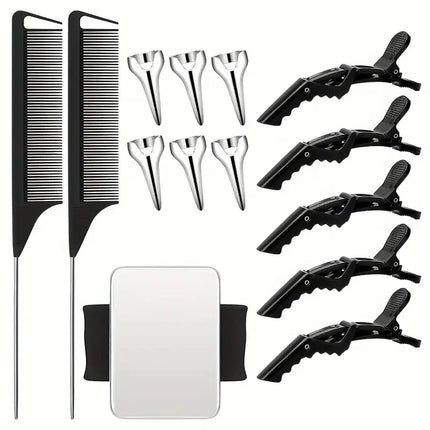 14pcs Hair Tool Set - Sectioning Rings, Metal Combs, Clips and Magnetic Wrist Pin Holder for Braiding (Black)