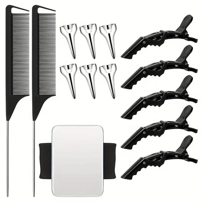 14pcs Hair Tool Set - Sectioning Rings, Metal Combs, Clips and Magnetic Wrist Pin Holder for Braiding (Black)