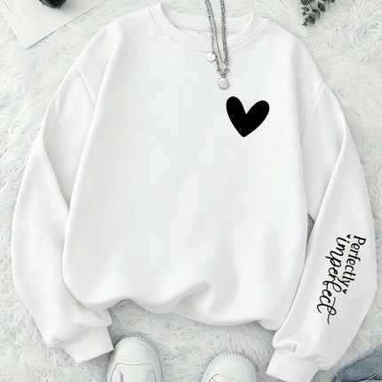 Women Perfectly Imperfect Letter Print Sweatshirt Cute Heart Crew Neck Pullover Casual Soft Fleece Long Sleeve Girls Streetwear