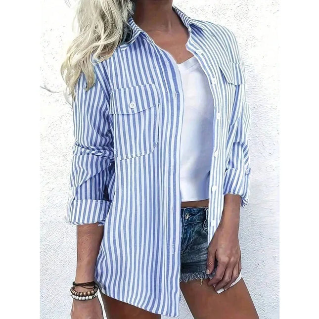 Plus Size Women's Fashionable Striped Button-Up Blouse Shirt Ladies Casual Long Sleeve Shirt Tops