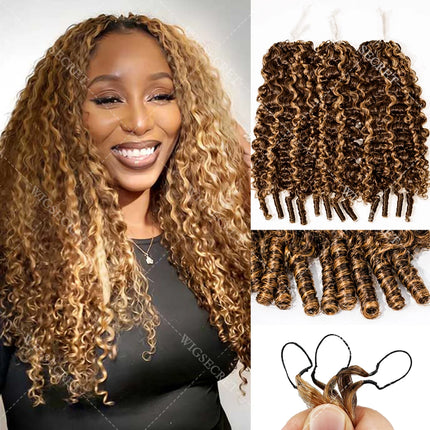 12A P4/27 Burmese Curly Human Hair Pre-Separated Knotless  Highlight Pixie Curls Feather Crochet Miracle Knots Hair Extensions