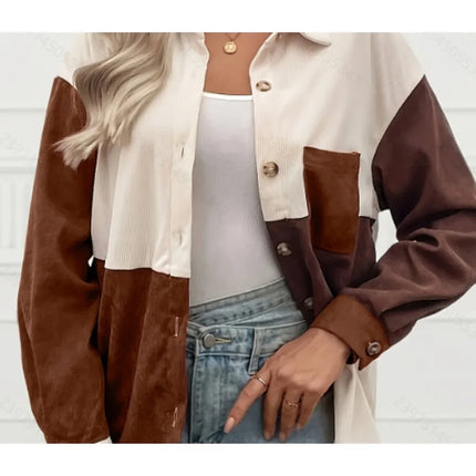 Plus Size 1XL-5XL New Women's Fashion Color-Block Pocket Shirt With Lapel Collar Ladies Casual Long Sleeves Blouse Shirt Top