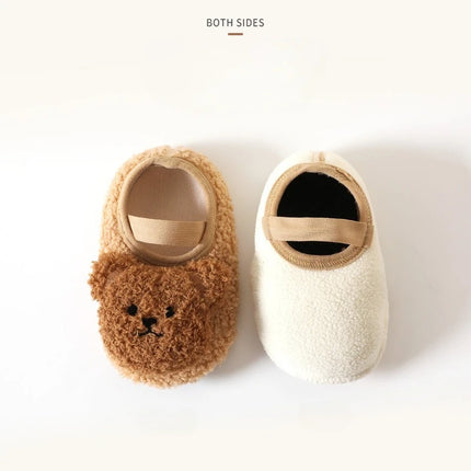 Cartoon Bear Baby Shoes Winter Thick Warm Newborn Shoes Non-slip Soled Soft Plush Toddler Kids Boy Girls Infant First Walkers