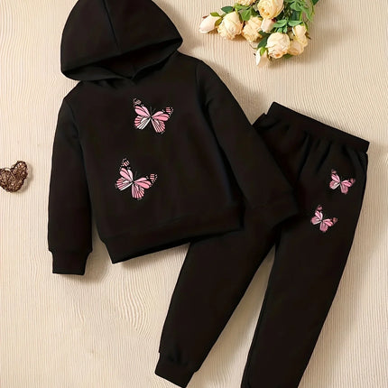 Baby Girl Baby Fashion Butterfly Pattern Hoodie+Sports Pants Two Piece Set Spring and Autumn Gift