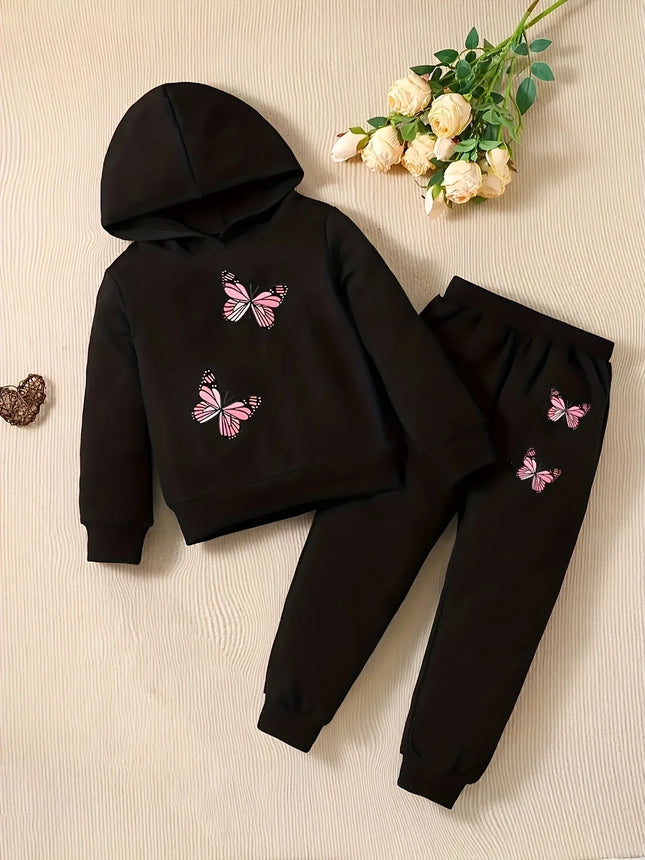 Baby Girl Baby Fashion Butterfly Pattern Hoodie+Sports Pants Two Piece Set Spring and Autumn Gift