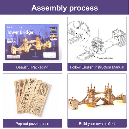 Rolife DIY Wooden 3D Puzzle Tower Bridge Model Building Kit Brain Teaser Puzzle Toy with LED Light for Home Decor Gift for Adult