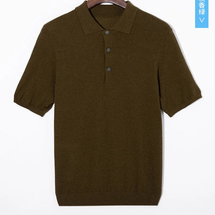 Men's short sleeved polo shirt, stylish top, knitted T-shirt, 2024 summer wool blend casual business pullover