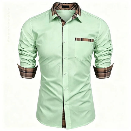 Men's shirt checkered contrasting long sleeved shirt, business casual button up shirt, personalized and trendy men's clothing