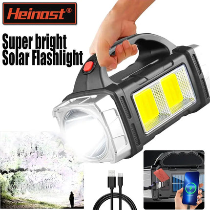 New Upgrade Rechargeable High Power Solar LED COB Flashlight With Power Bank Waterproof Multifunctional Hand Lamp For Outdoor