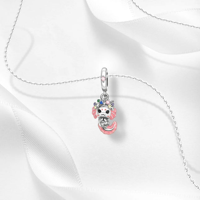 925 Sterling Silver Cute Pink Axolotl Walking Fish Pendant Charm Fit Original Charm Bracelets Women DIY Jewelry Gift