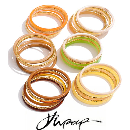 Yhpup 1Set 2026 Multi-Color Resin Layered Round Stacking Bracelet Bangle Spring Style Stainless Steel Fashion Jewelry Waterproof