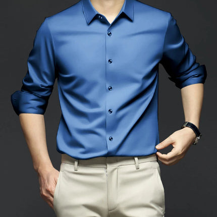 S-6XL Men's Blue Shirt Business Leisure Social Fashion High Quality Ice Silk Shirt Casual Work Top