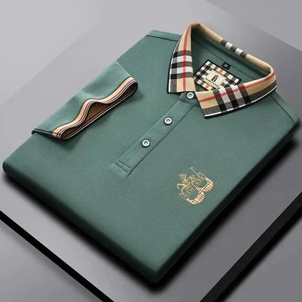 Luxury brand men's short-sleeved polo shirt, summer high-end fashion, plaid embroidery, lapel, casual T-shirt, breathable cotton top