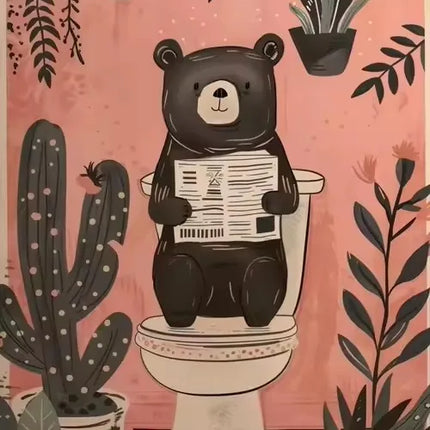 Pink Black Cat Dog Frog on The Toilet Reading Poster Bath Prints Animals Canvas Painting Wall Art Pictures for Toilet WC Decor