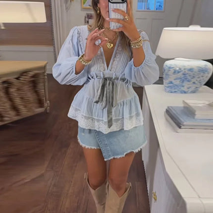 Elegant Lace Patchwork Women Shirt Half Sleeve V-Neck Lace Up Waist-Closed Lady Top 2026 Spring Summer Casual Female Streewear