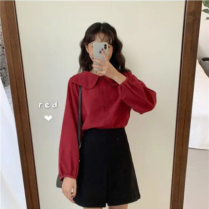 Casual Base Layer Top Autumn Collection Fresh Korean Style Doll Collar New Model Long Sleeve Shirt Women's Top