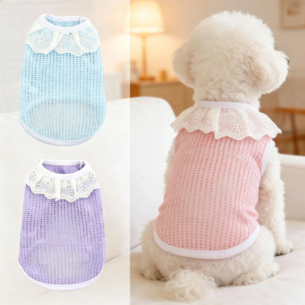 Adorable lace-edged pet tank tops in three colors, cooling mesh for dogs, anti-shedding clothes for cats