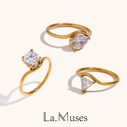 La. Muses Sparkling Luxury Water Drop Shaped Cubic Zirconia Stainless Steel Women's Ring 18K Gold Plated Waterproof Jewelry Gift