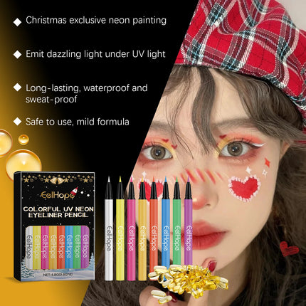 8 Color Christmas Neon UV Luminous Eyeliner Pen Set Glitter Makeup Eye Liner Pencil Tool Waterproof Sweatproof Body Face Makeup