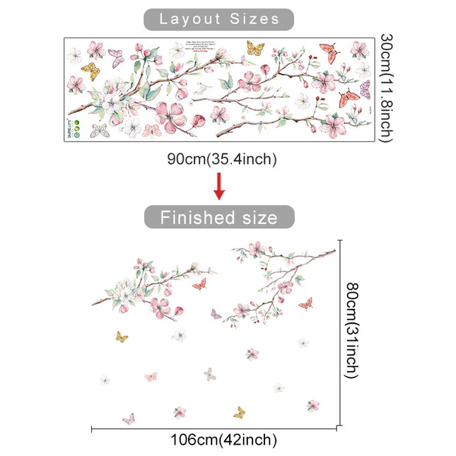 Pink Flowers Blooming Tree Branch Butterfly  Floral Watercolor Wall Stickers for Nursery Bedroom Living Room Wall Decals Murals