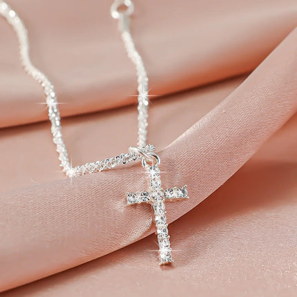 Shiny Sparkling Simple Anklet for Women Cross Pendant Silver Color Elegant Jewelry Female Beach Ankle Bracelet on Foot Gifts