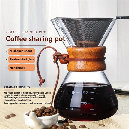 B51C Glass Reusable Coffee Maker Dripper Pour Over Set With Stainless Steel Filter Serving Pot Drip Filter Cup
